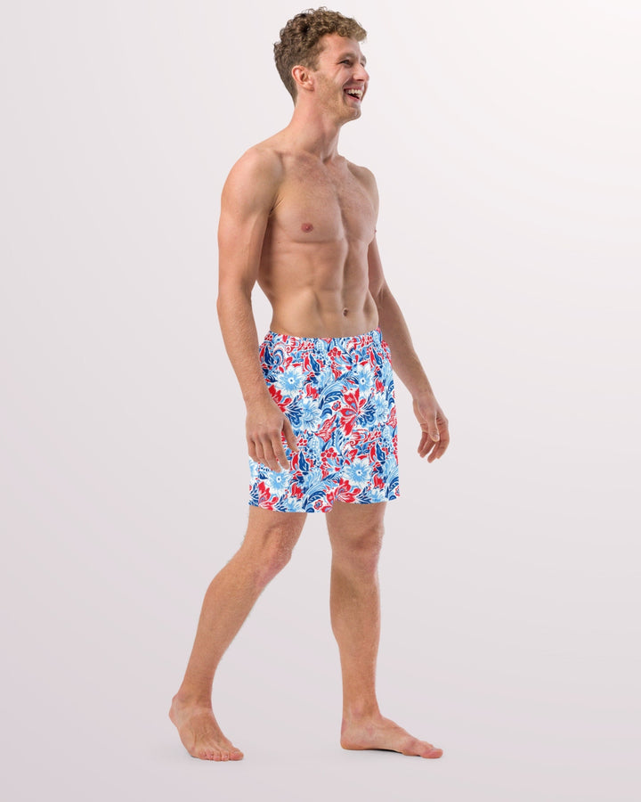 PATRIOTIC SWIM TRUNKS - Red White & Blue Floral Print Mens Lined Swim Trunks with Pockets and Sun Protection For Beach Vacation Pool Party