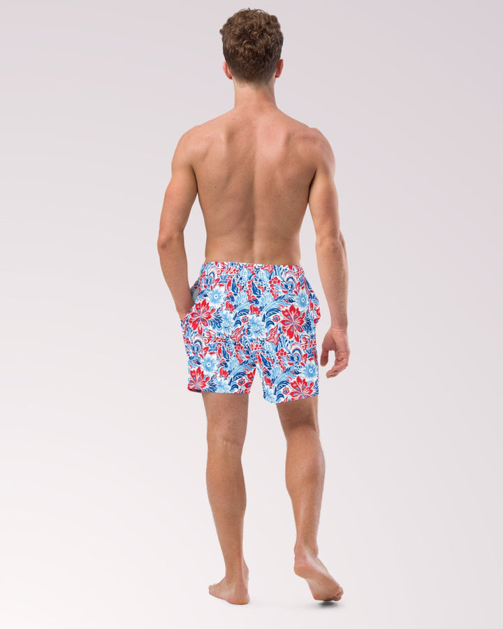 PATRIOTIC SWIM TRUNKS - Red White & Blue Floral Print Mens Lined Swim Trunks with Pockets and Sun Protection For Beach Vacation Pool Party