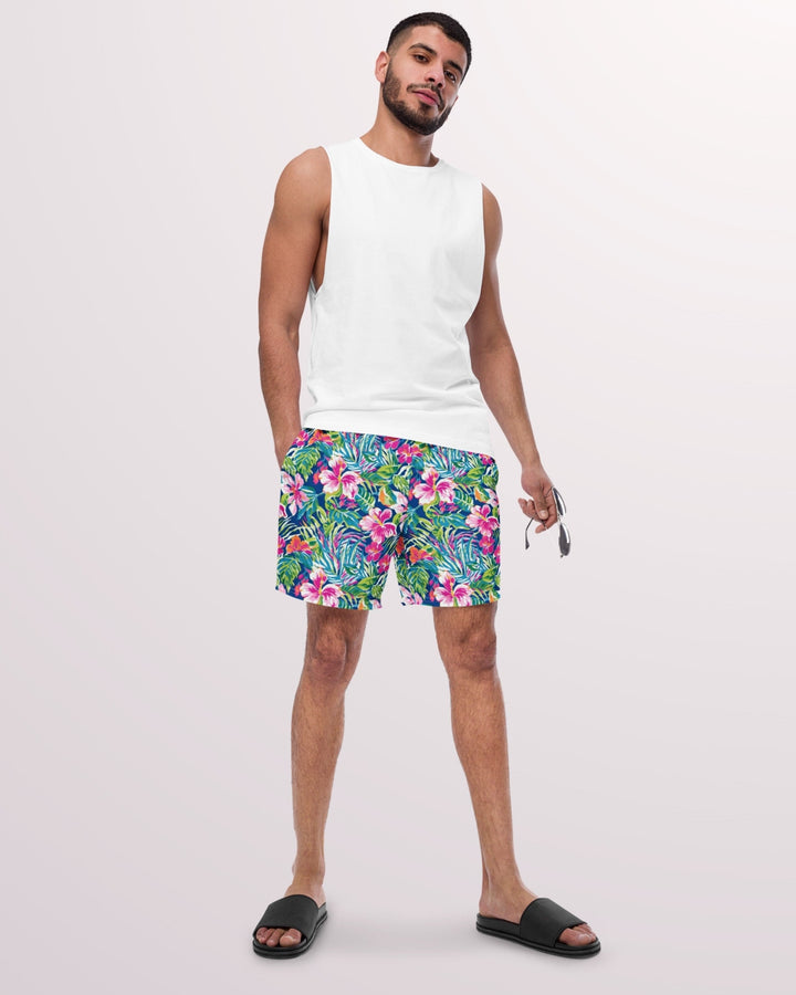 TROPICAL SWIM TRUNKS - Colorful Floral Print Mens Lined Swim Trunks with Pockets and Sun Protection For Beach Vacation Pool Party