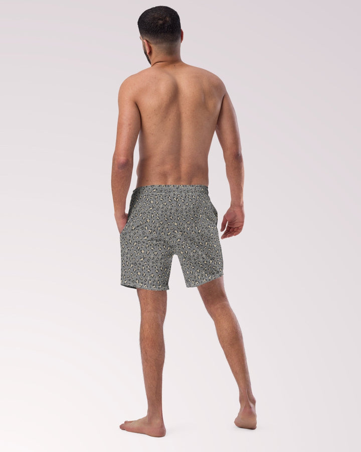 LEOPARD SWIM TRUNKS - Gray Animal Print Mens Lined Swim Trunks with Pockets and Sun Protection For Beach Vacation Pool Party