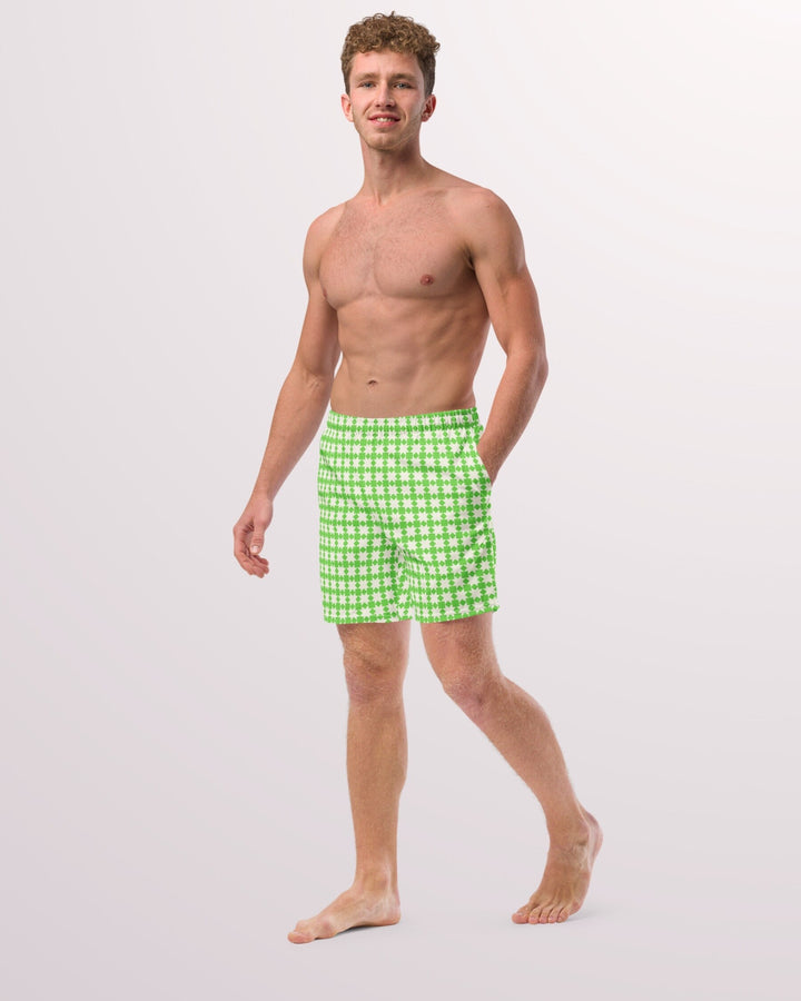 RETRO SWIM TRUNKS - Green & White Geometric Print Mens Lined Swim Trunks with Pockets and Sun Protection For Beach Vacation Pool Party