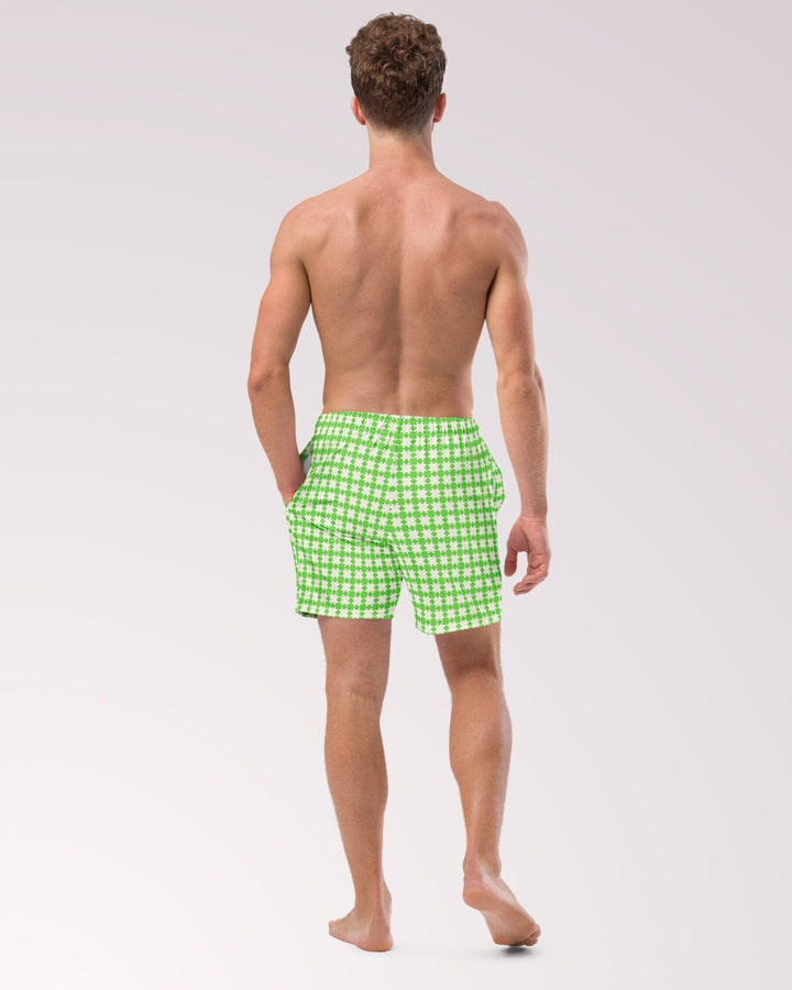 RETRO SWIM TRUNKS - Green & White Geometric Print Mens Lined Swim Trunks with Pockets and Sun Protection For Beach Vacation Pool Party