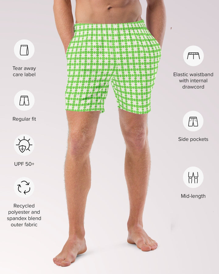 RETRO SWIM TRUNKS - Green & White Geometric Print Mens Lined Swim Trunks with Pockets and Sun Protection For Beach Vacation Pool Party