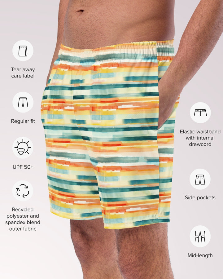 ABSTRACT SWIM TRUNKS - Yellow Multi Stripe Print Mens Lined Swim Trunks with Pockets and Sun Protection For Beach Vacation Pool Party