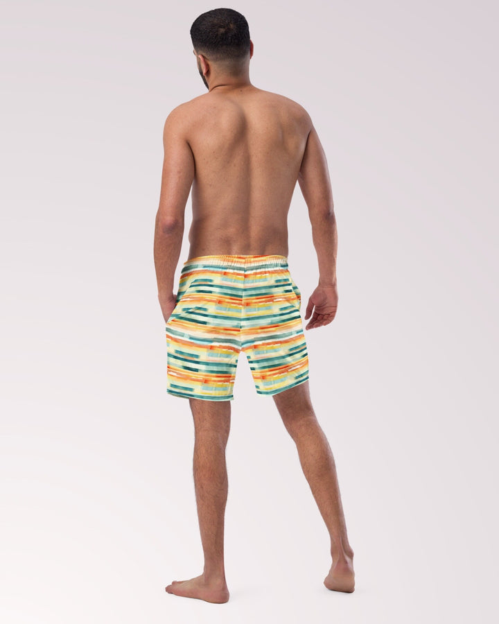 ABSTRACT SWIM TRUNKS - Yellow Multi Stripe Print Mens Lined Swim Trunks with Pockets and Sun Protection For Beach Vacation Pool Party