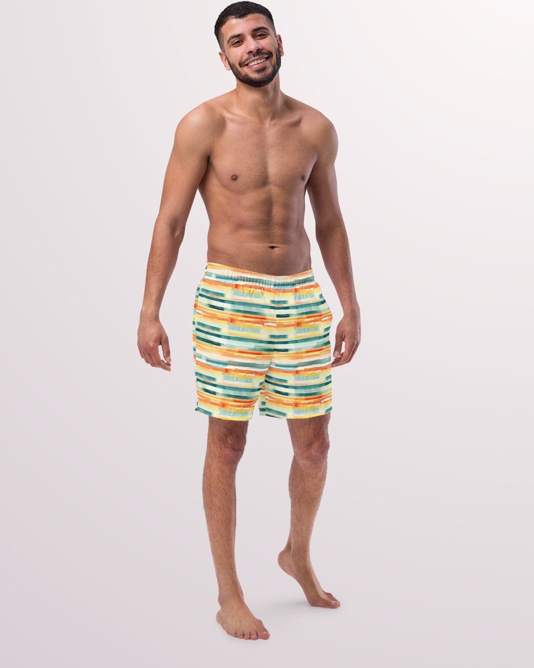 ABSTRACT SWIM TRUNKS - Yellow Multi Stripe Print Mens Lined Swim Trunks with Pockets and Sun Protection For Beach Vacation Pool Party