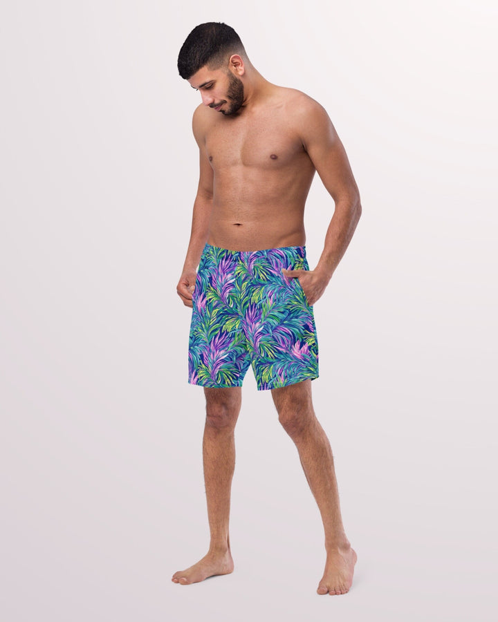 TROPICAL SWIM TRUNKS - Colorful Palm Leaves Print Mens Lined Swim Trunks with Pockets and Sun Protection For Beach Vacation Pool Party