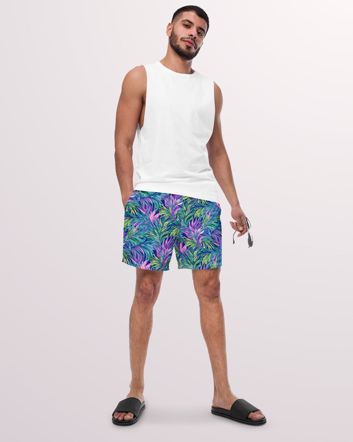 TROPICAL SWIM TRUNKS - Colorful Palm Leaves Print Mens Lined Swim Trunks with Pockets and Sun Protection For Beach Vacation Pool Party