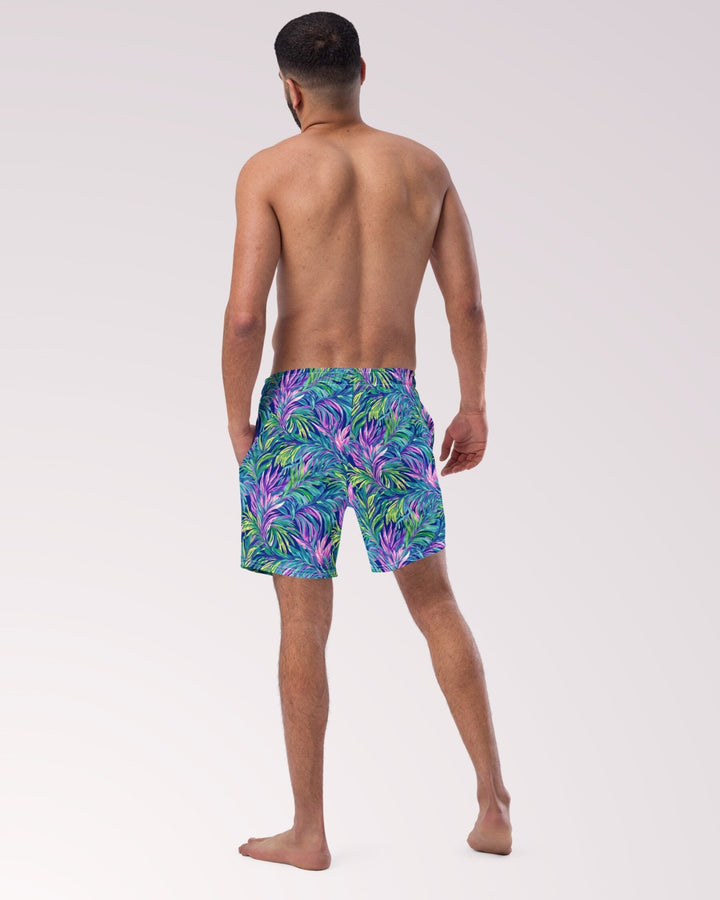 TROPICAL SWIM TRUNKS - Colorful Palm Leaves Print Mens Lined Swim Trunks with Pockets and Sun Protection For Beach Vacation Pool Party