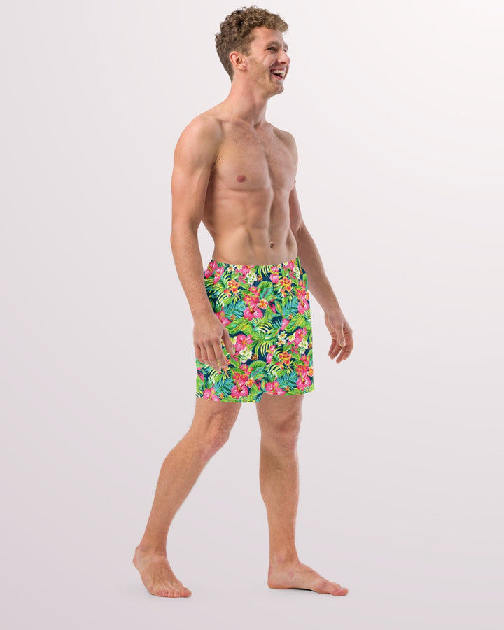 TROPICAL SWIM TRUNKS - Colorful Floral Print Mens Lined Swim Trunks with Pockets and Sun Protection For Beach Vacation Pool Party