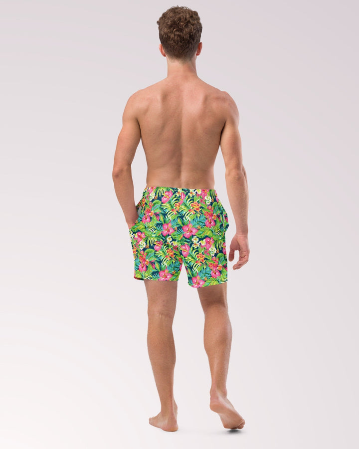 TROPICAL SWIM TRUNKS - Colorful Floral Print Mens Lined Swim Trunks with Pockets and Sun Protection For Beach Vacation Pool Party