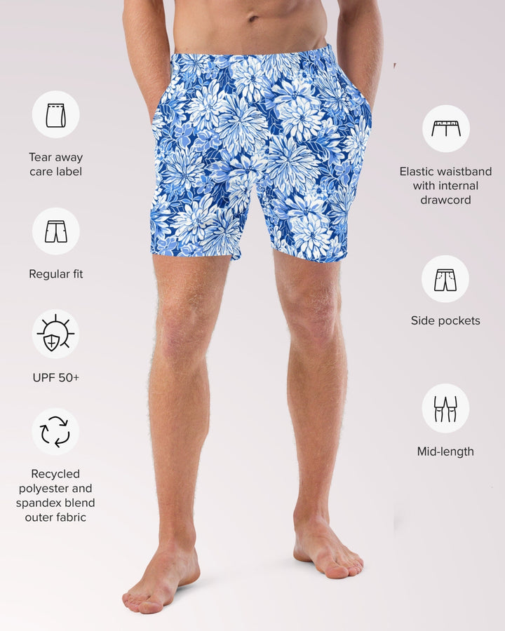 TROPICAL SWIM TRUNKS - Blue & White Floral Print Mens Lined Swim Trunks with Pockets and Sun Protection For Beach Vacation Pool Party