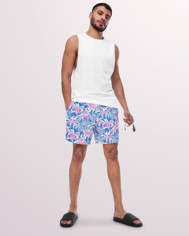 TROPICAL SWIM TRUNKS - Pink & Blue Palm Trees Mens Lined Swim Trunks with Pockets and Sun Protection For Beach Vacation Pool Party