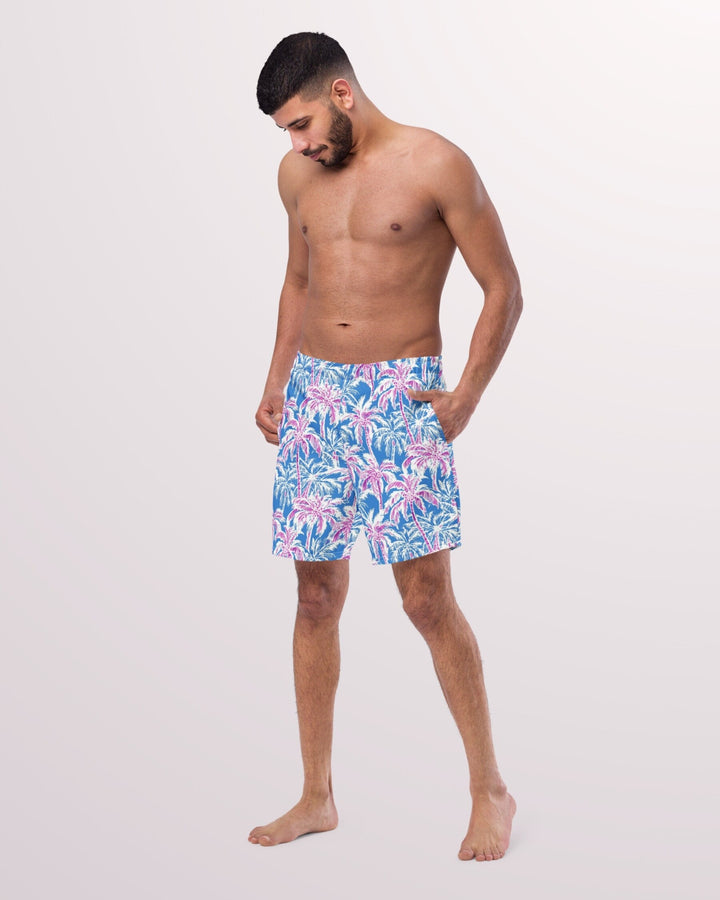 TROPICAL SWIM TRUNKS - Pink & Blue Palm Trees Mens Lined Swim Trunks with Pockets and Sun Protection For Beach Vacation Pool Party