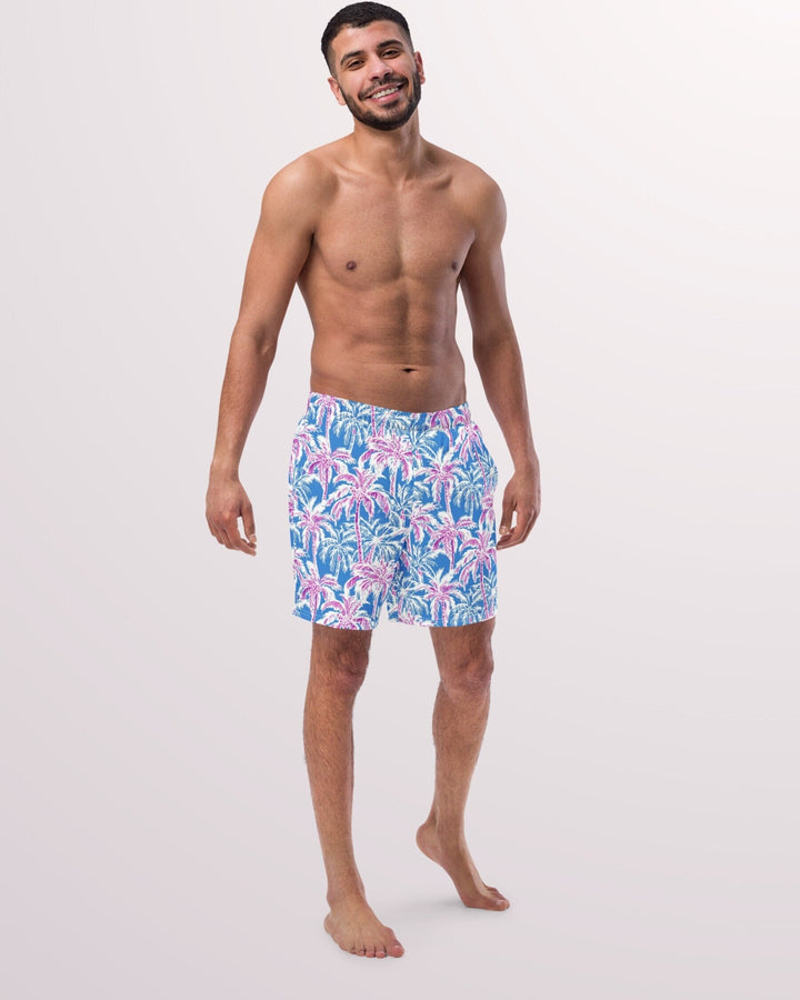 TROPICAL SWIM TRUNKS - Pink & Blue Palm Trees Mens Lined Swim Trunks with Pockets and Sun Protection For Beach Vacation Pool Party