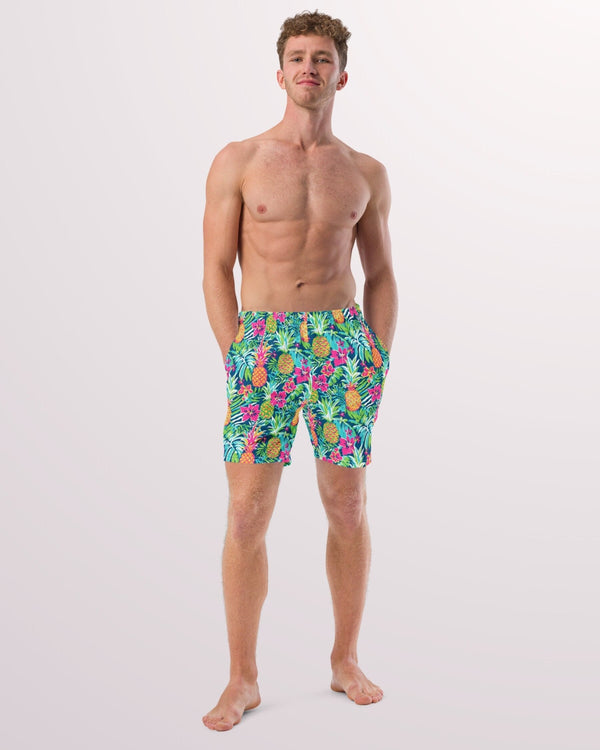 TROPICAL SWIM TRUNKS - Pineapple Print Mens Lined Swim Trunks with Pockets and Sun Protection For Beach Vacation Pool Party