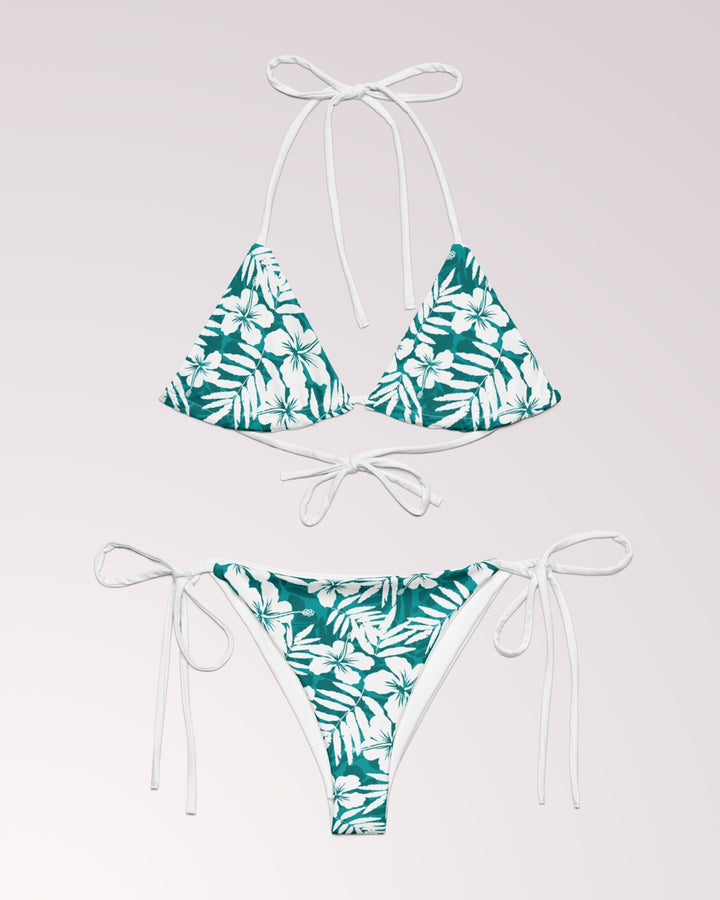 TROPICAL FLORAL BIKINI - Green Hawaiian Print String Bikini Set Womens Swimwear with Sun Protection For Beach Vacation Pool Party