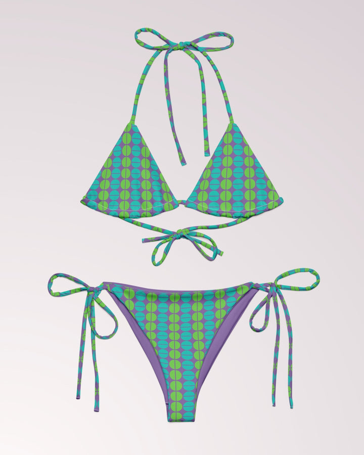 GROOVY RETRO BIKINI - Green Purple Teal Classic String Bikini Set Womens Swimwear with Sun Protection For Beach Vacation Pool Party