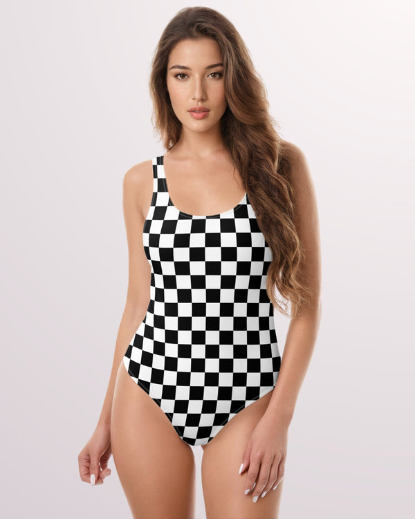 Womens One Piece Swimsuit Checkerboard Girl Bathing Suit Ladies Swimwear for Summer Beach Swimming Pool Vacation Boat Cruise Checkered Print