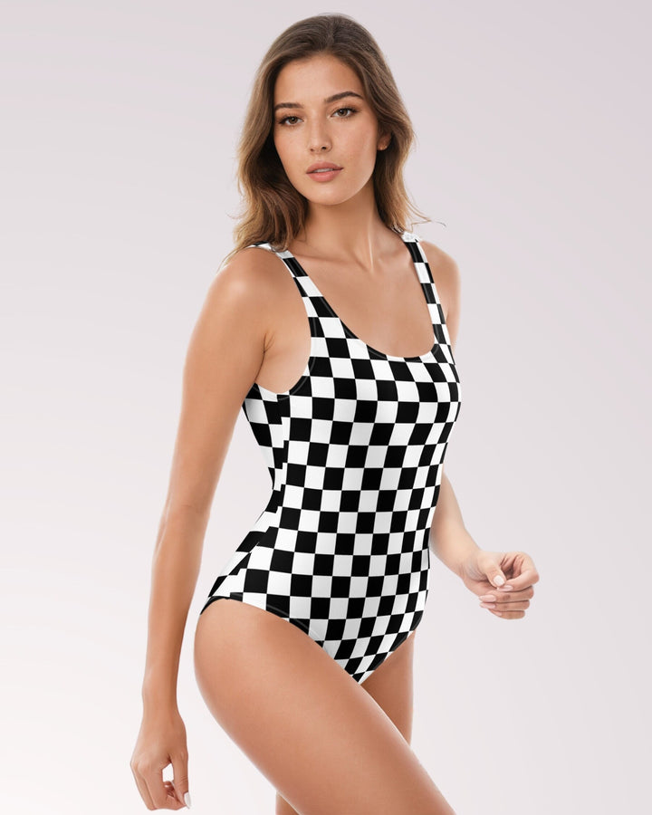 Womens One Piece Swimsuit Checkerboard Girl Bathing Suit Ladies Swimwear for Summer Beach Swimming Pool Vacation Boat Cruise Checkered Print