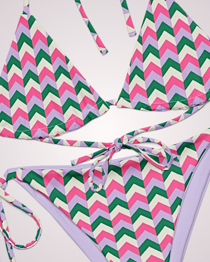 RETRO CHEVRON BIKINI - Pink Purple Green Classic String Bikini Set Womens Swimwear with Sun Protection For Beach Vacation Pool Party