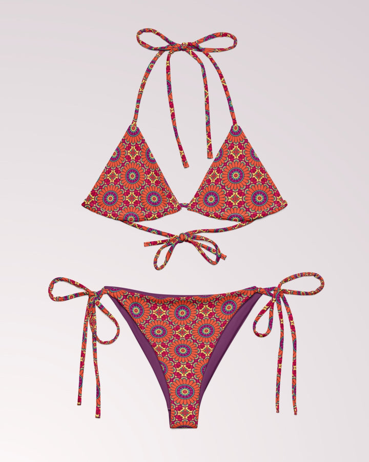 BOHO TRIBAL BIKINI - Red & Purple Boho Classic String Bikini Set Womens Swimwear with Sun Protection For Beach Vacation Pool Party