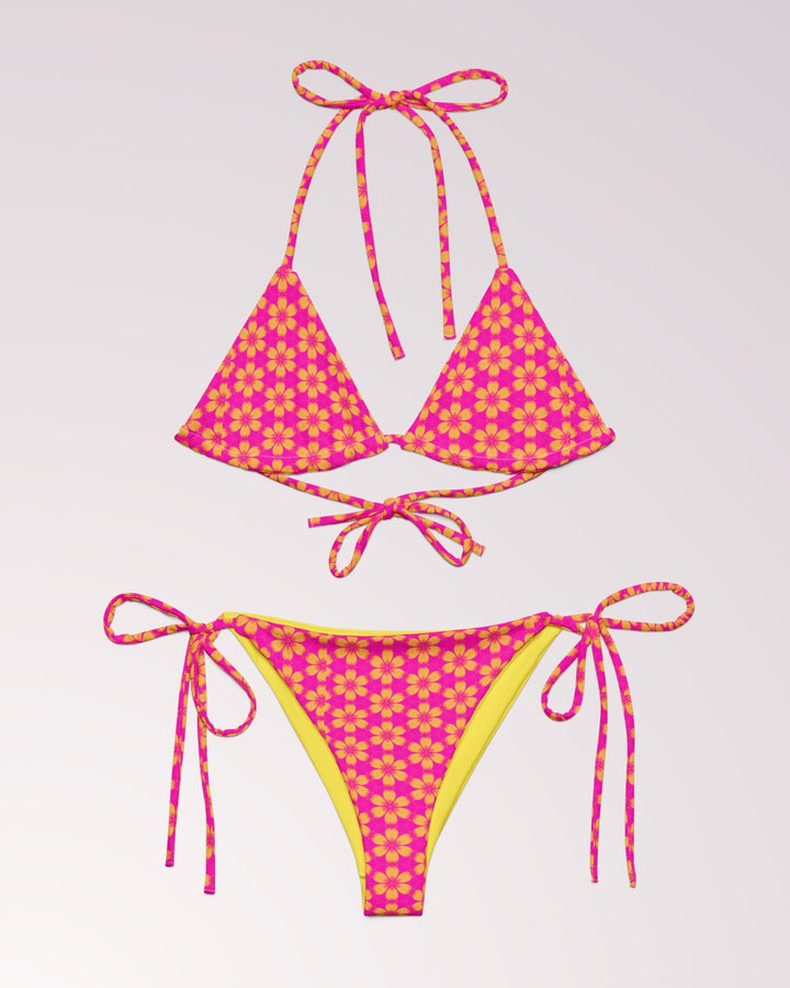 TROPICAL BIKINI - Pink & Yellow Hawaiian Flower Classic String Bikini Set Womens Swimwear with Sun Protection For Beach Vacation Pool Party