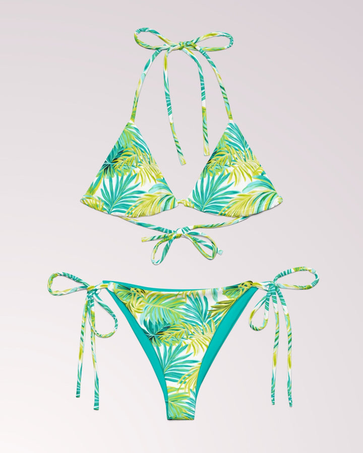 TROPICAL LEAVES BIKINI - Teal Green Floral Print Classic String Bikini Set Womens Swimwear with Sun Protection For Beach Vacation Pool Party