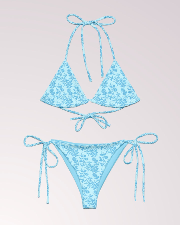 BOHO FLORAL BIKINI - Light Blue Flower Print Classic String Bikini Set Womens Swimwear with Sun Protection For Beach Vacation Pool Party