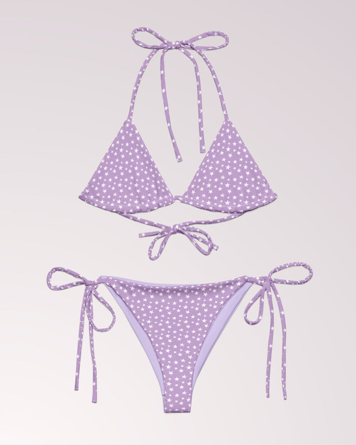 STAR PATTERN BIKINI - Cute Purple & White Print Classic String Bikini Set Womens Swimwear with Sun Protection For Beach Vacation Pool Party