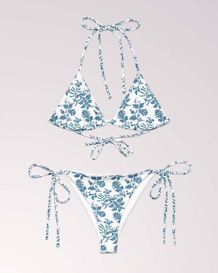 BOHO FLORAL BIKINI - Blue & White Flower Print Classic String Bikini Set Womens Swimwear with Sun Protection For Beach Vacation Pool Party