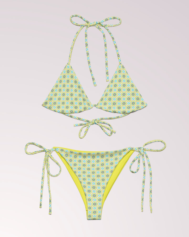 GEOMETRIC PRINT BIKINI - Lime Green & Teal Print Classic String Bikini Set Womens Swimwear with Sun Protection For Beach Vacation Pool Party