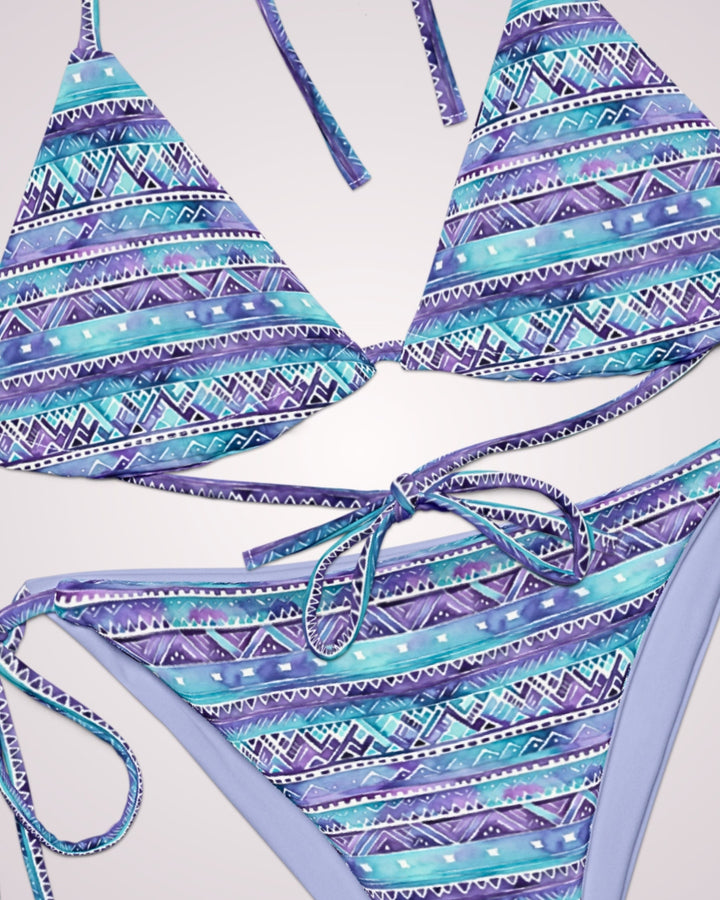 BOHO TRIBAL BIKINI - Blue & Purple Boho Print Classic String Bikini Set Womens Swimwear with Sun Protection For Beach Vacation Pool Party