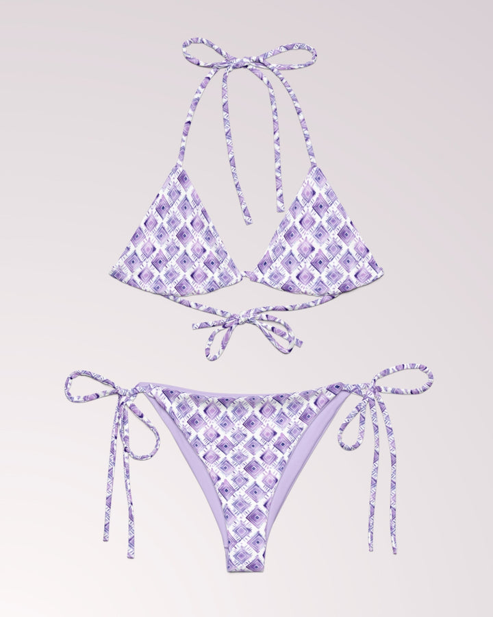 BOHO TRIBAL BIKINI - Purple & White Boho Print Classic String Bikini Set Womens Swimwear with Sun Protection For Beach Vacation Pool Party