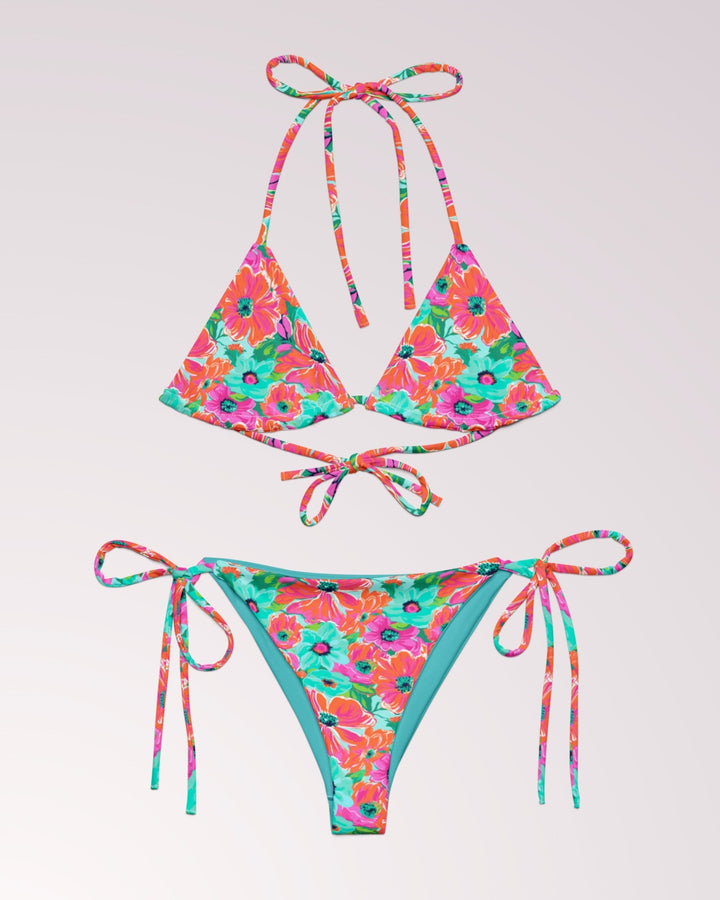 TROPICAL FLORAL BIKINI - Colorful Flower Print Classic String Bikini Set Womens Swimwear with Sun Protection For Beach Vacation Pool Party