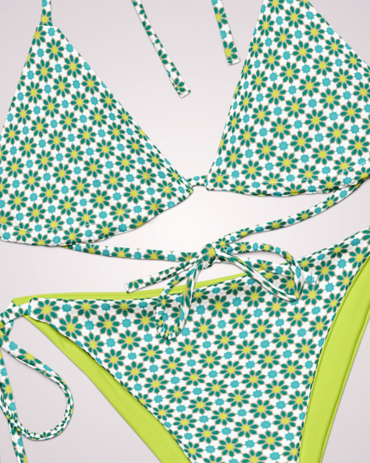 RETRO FLORAL BIKINI - Green Geometric Flower Print String Bikini Set Womens Swimwear with Sun Protection For Beach Vacation Pool Party