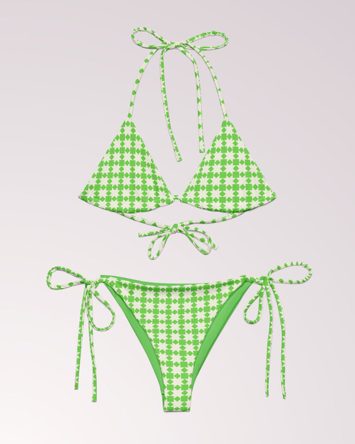 RETRO PATTERN BIKINI - Green Geometric Classic String Bikini Set Womens Swimwear with Sun Protection For Beach Vacation Pool Party