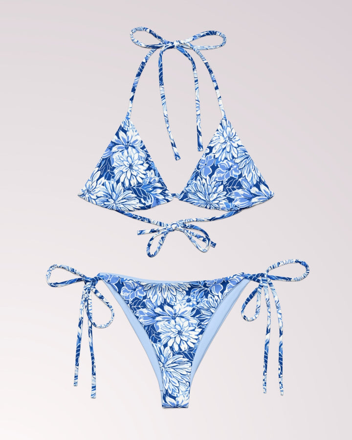 TROPICAL FLORAL BIKINI - Blue White Flower Classic String Bikini Set Womens Swimwear with Sun Protection For Beach Vacation Pool Party