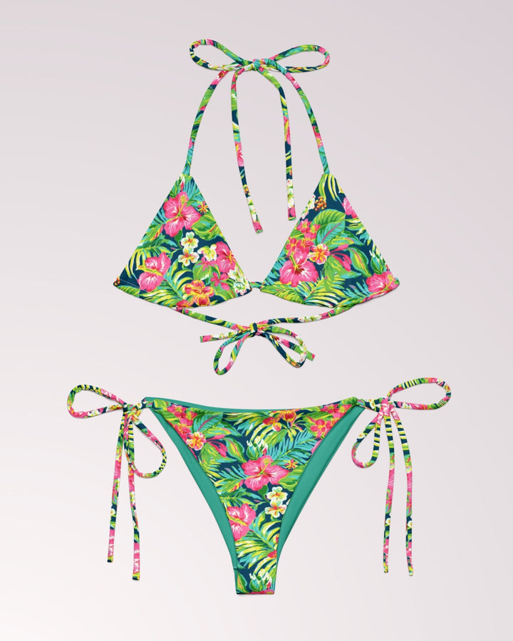 TROPICAL FLORAL BIKINI - Green Pink Flower Print Classic String Bikini Set Womens Swimwear with Sun Protection For Beach Vacation Pool Party