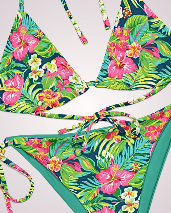 TROPICAL FLORAL BIKINI - Green Pink Flower Print Classic String Bikini Set Womens Swimwear with Sun Protection For Beach Vacation Pool Party