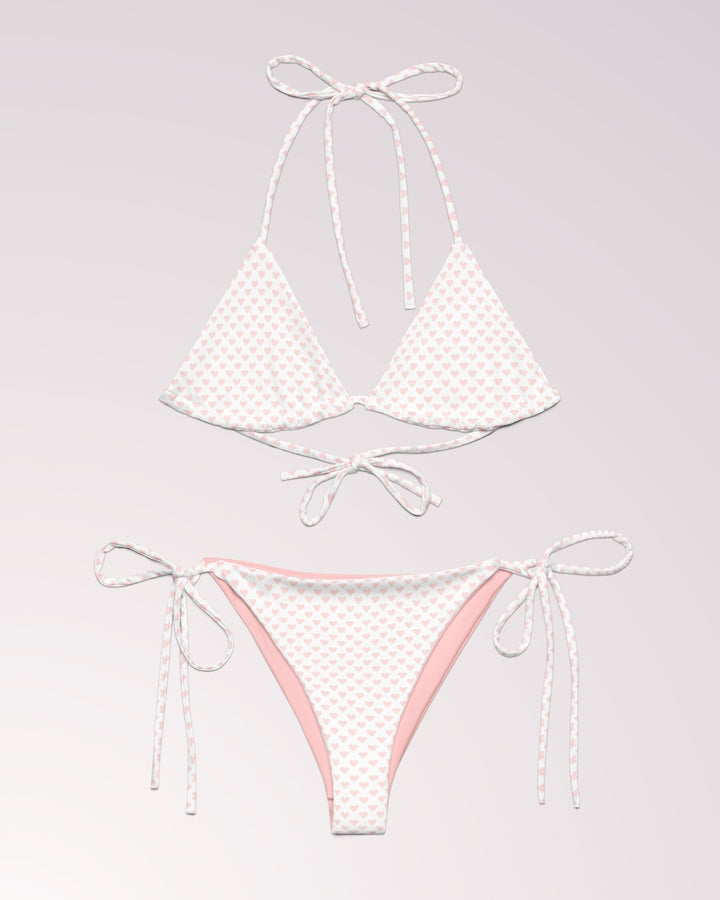 PINK HEART BIKINI - White & Pink Heart Print Classic String Bikini Set Womens Swimwear with Sun Protection For Beach Vacation Pool Party