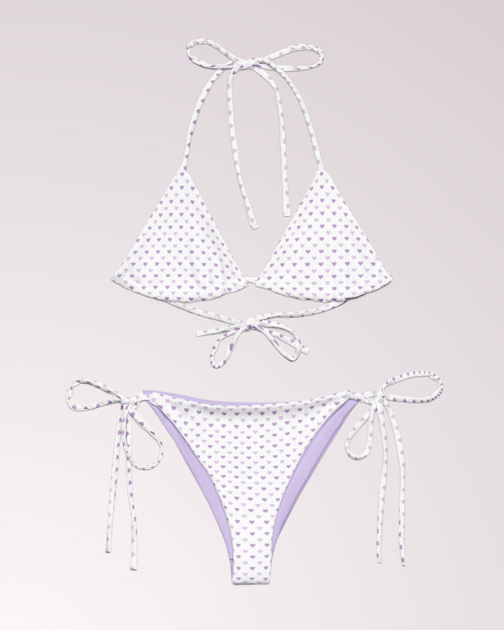 PURPLE HEART BIKINI - White & Purple Heart Print Classic String Bikini Set Womens Swimwear with Sun Protection For Beach Vacation Pool Party