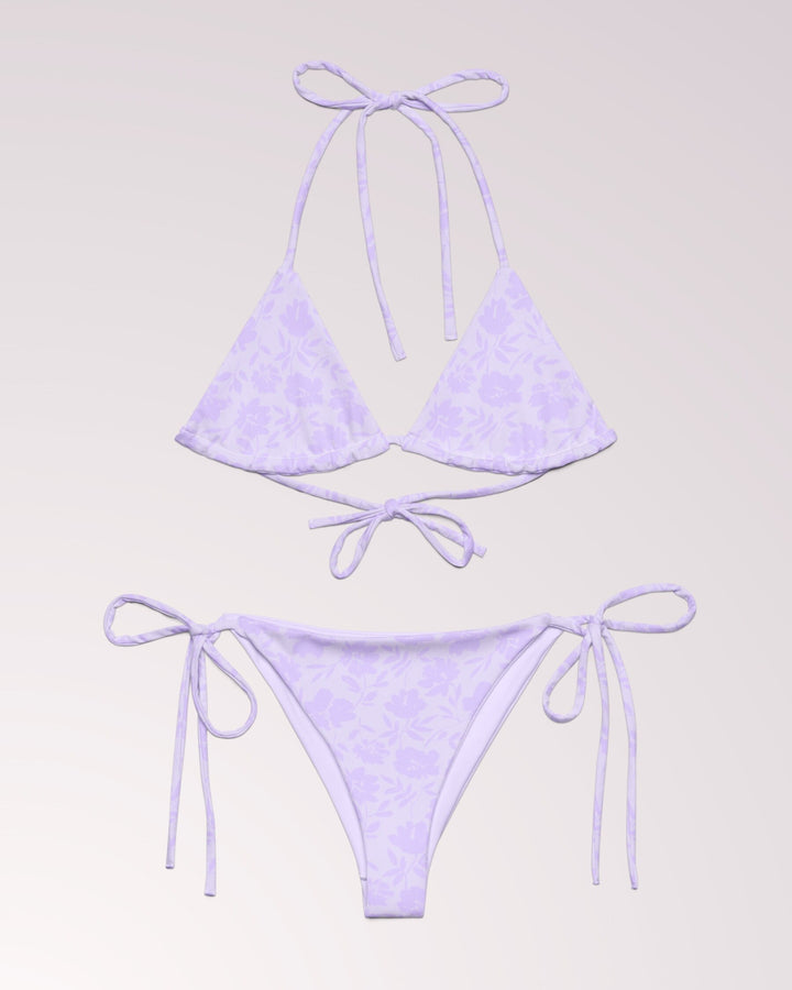 FLORAL BIKINI - Lavender Purple Flower Print Classic String Bikini Set Womens Swimwear with Sun Protection Beach Vacation Pool Party PF003