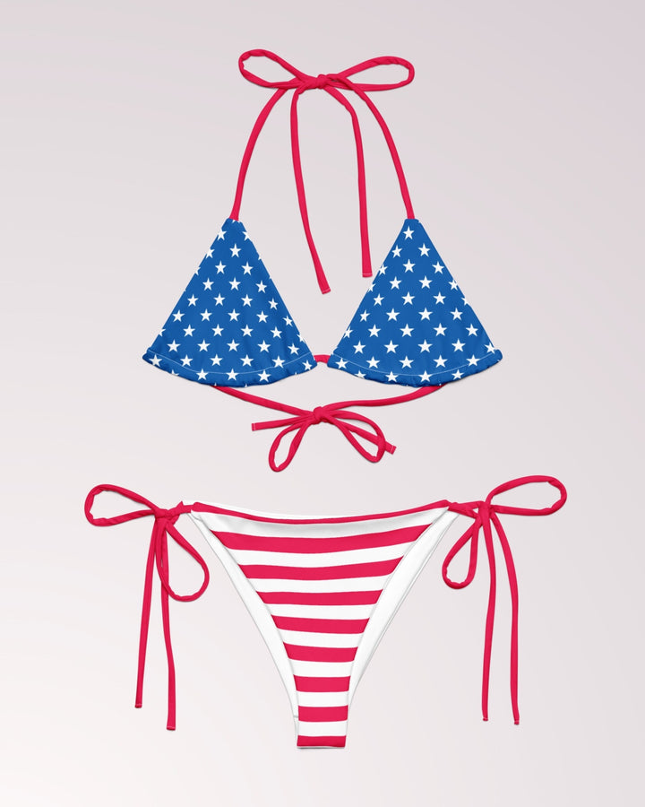 PATRIOTIC BIKINI - 4th of July Red White & Blue Classic String Bikini Set Womens Swimwear with Sun Protection For Beach Vacation Pool Party