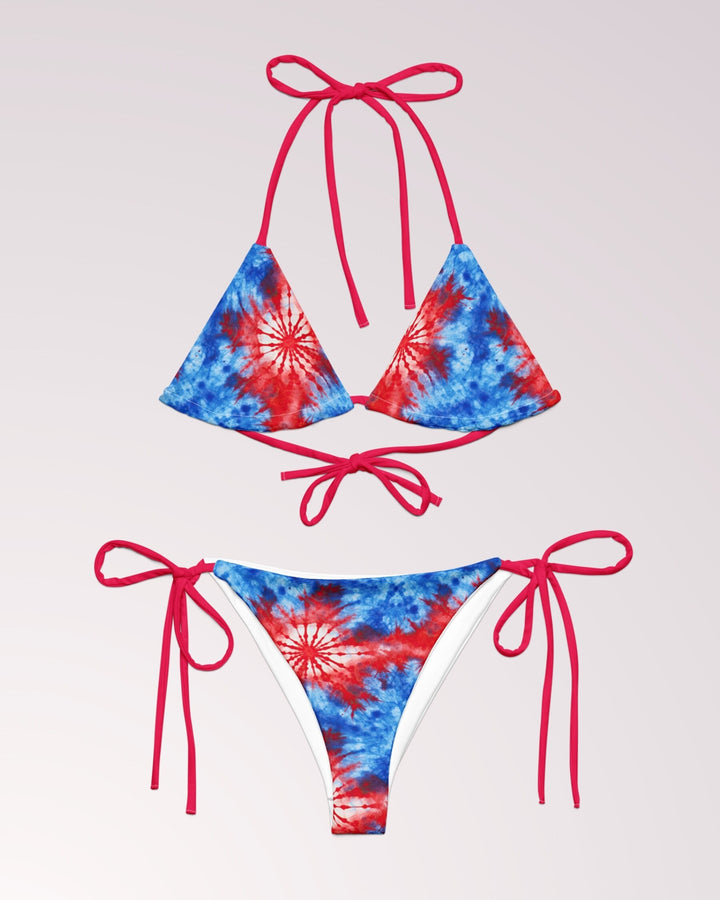 PATRIOTIC BIKINI - 4th of July Red White & Blue Tie Dye String Bikini Set Womens Swimwear with Sun Protection For Beach Vacation Pool Party