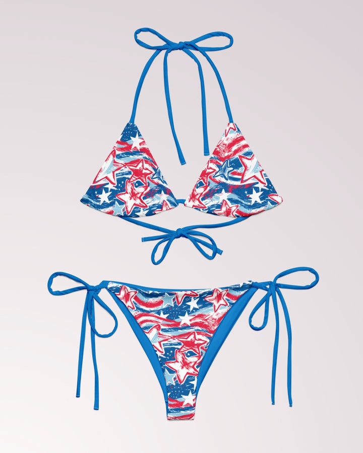 PATRIOTIC BIKINI - 4th of July Red White & Blue Classic String Bikini Set Womens Swimwear with Sun Protection For Beach Vacation Pool Party