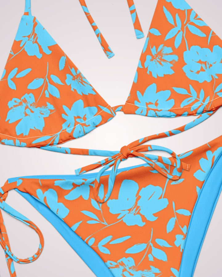 TROPICAL FLORAL BIKINI - Orange & Blue Classic String Bikini Set Womens Swimwear with Sun Protection For Beach Vacation Pool Party