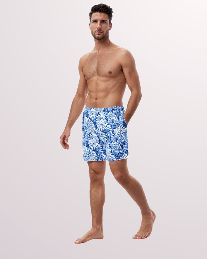 TROPICAL SWIM TRUNKS - Blue & White Floral Print Mens Lined Swim Trunks with Pockets and Sun Protection For Beach Vacation Pool Party