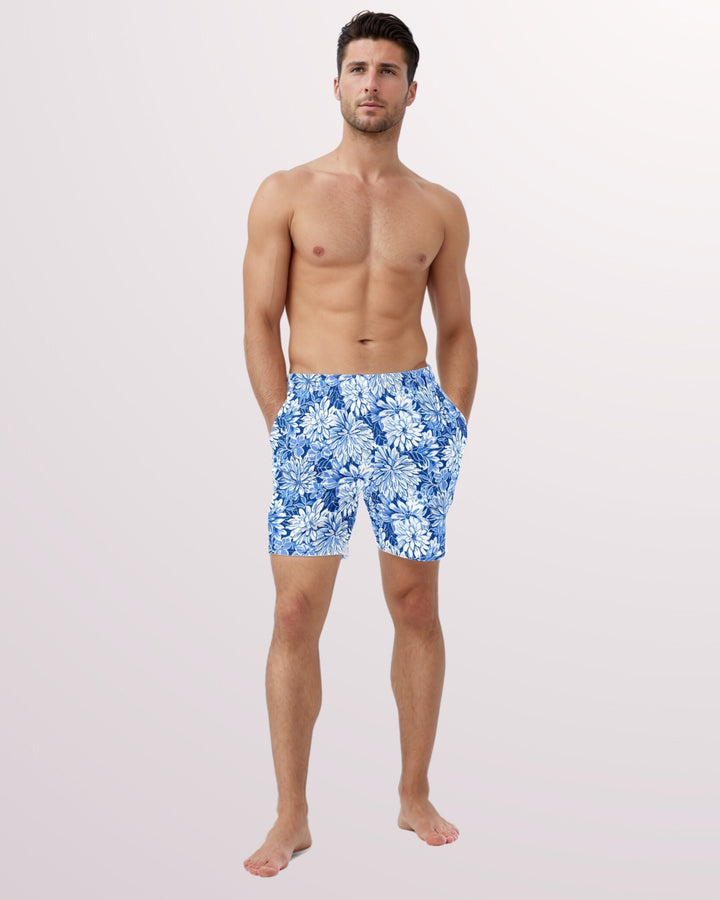 TROPICAL SWIM TRUNKS - Blue & White Floral Print Mens Lined Swim Trunks with Pockets and Sun Protection For Beach Vacation Pool Party