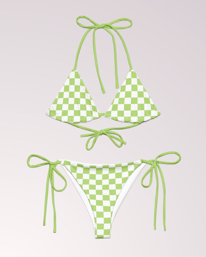 Green Checkerboard Print Bikini - Cute 2 Piece Swimsuit Set Woman for Summer Beach Vacay String Bikini Bathing Suit Checkered Pattern